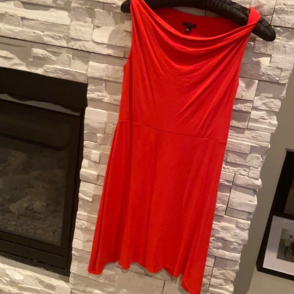 Ann Taylor tomato red sleeveless dress with asymmetrical hem.